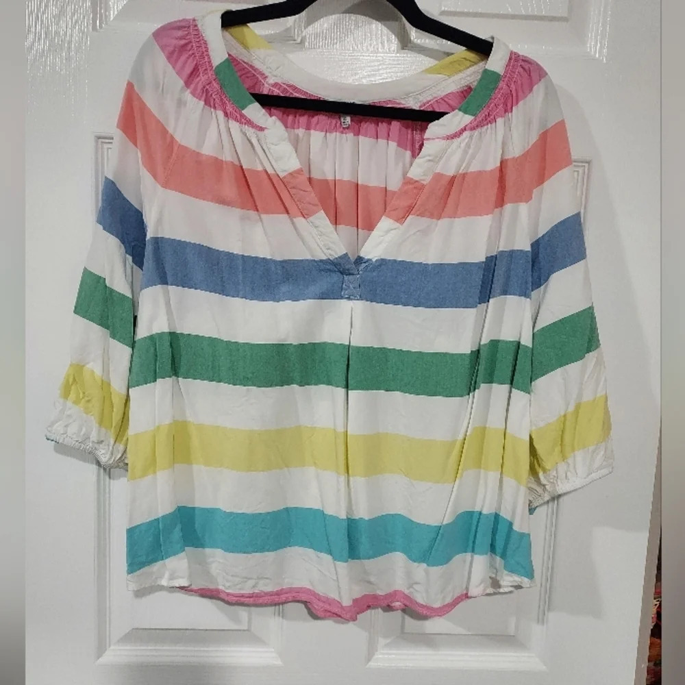 Crown & Ivy Multicolored Striped Peasant Blouse Split Neck in Size 1X